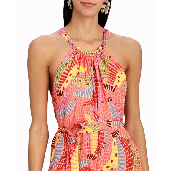 FARM Rio Maxi Dress XL Mixed Prints Floral Tiered Strappy Halter Pink - Picture 3 of 16